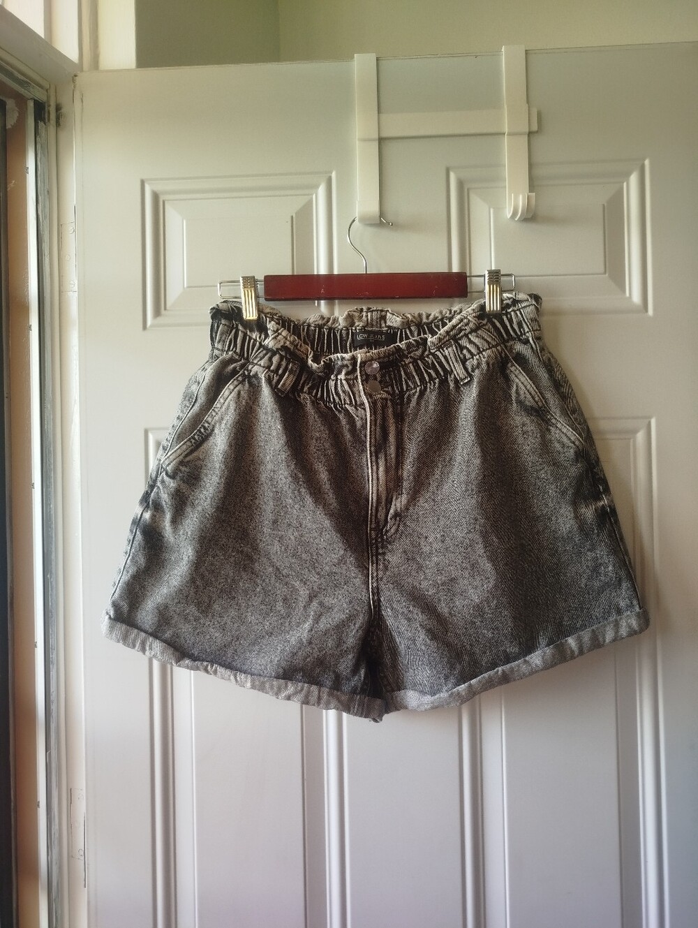 High-Waist Washed Grey Denim Paperbag Shorts